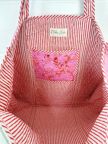 Pink Floral Print Diamond Quilted Cotton Tote Bag