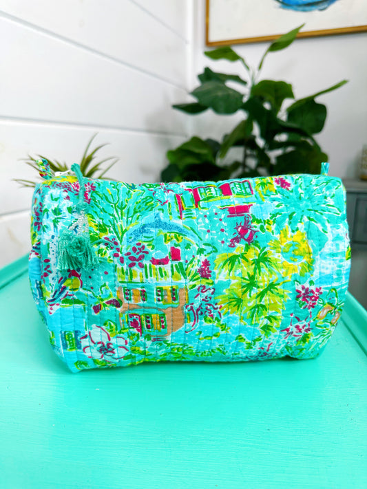 Aqua Tropical Southern Town Print Quilted Makeup Cosmetics Toiletry Bag