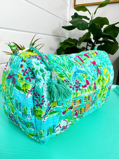 Aqua Tropical Southern Town Print Quilted Makeup Cosmetics Toiletry Bag