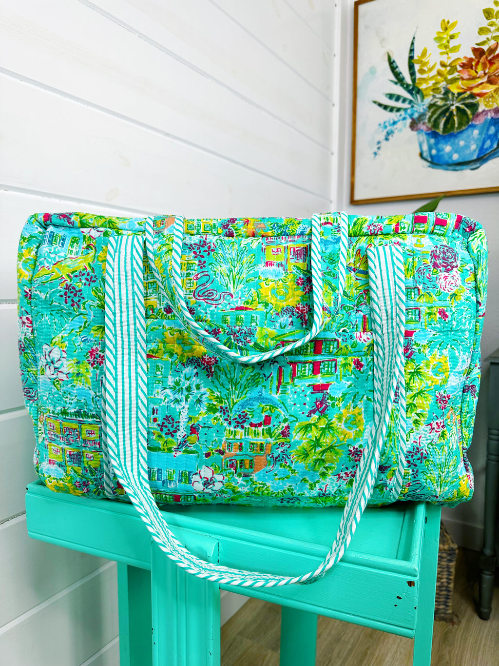Aqua Tropical Southern Town Print Quilted Weekender Overnight Bag