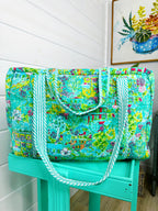 Aqua Tropical Southern Town Print Quilted Weekender Overnight Bag