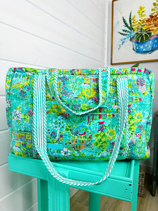 Aqua Tropical Southern Town Print Quilted Weekender Overnight Bag