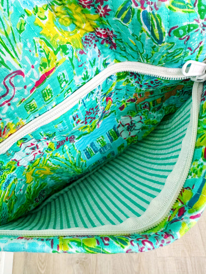 Aqua Tropical Southern Town Print Quilted Weekender Overnight Bag