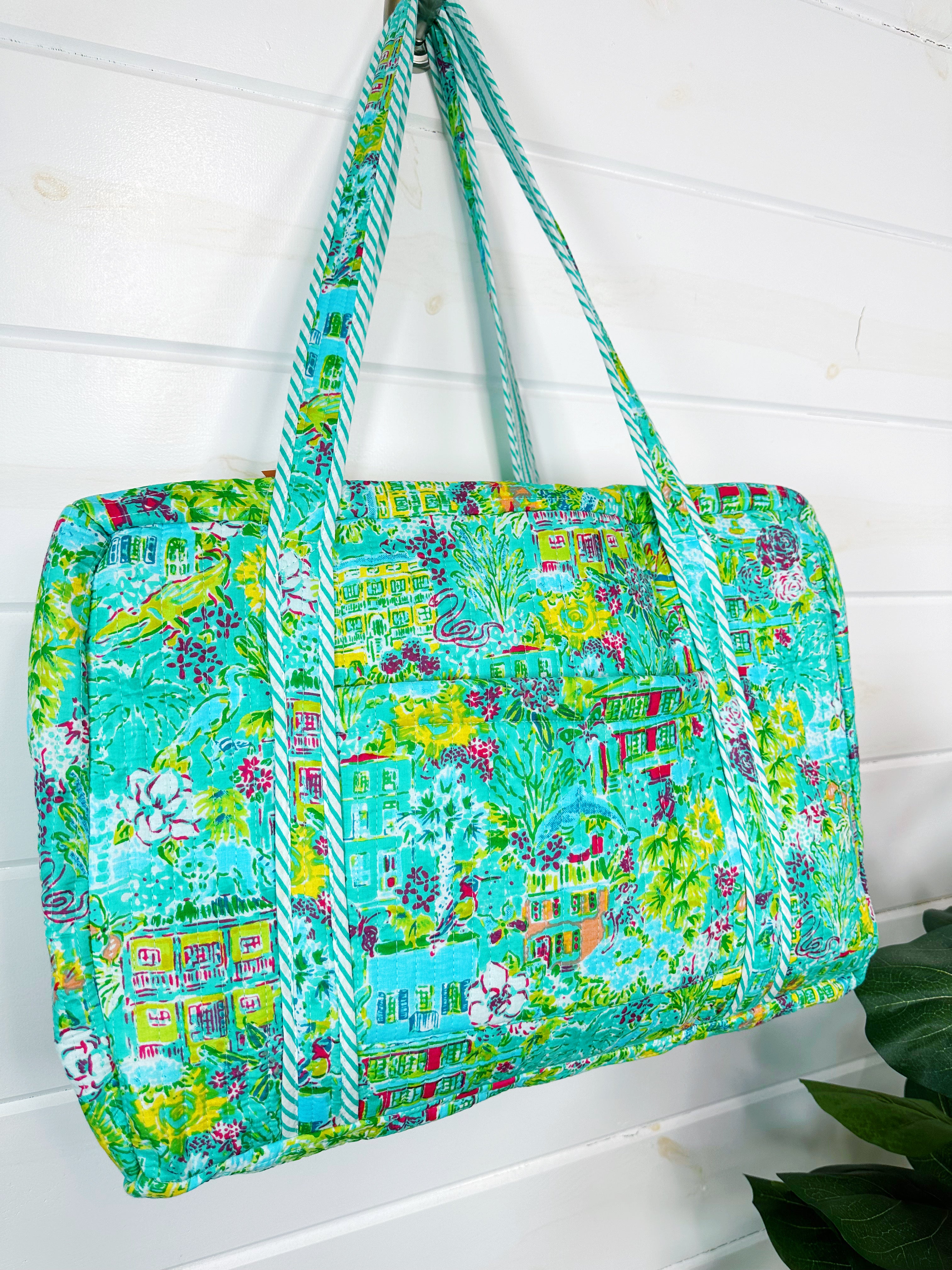 Aqua Tropical Southern Town Print Quilted Weekender Overnight Bag