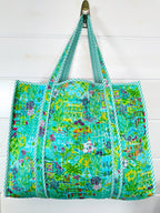 Aqua Tropical Southern Town Print Quilted Cotton Reversible Large Tote Bag
