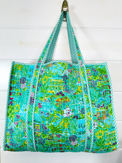 Aqua Tropical Southern Town Print Quilted Cotton Reversible Large Tote Bag