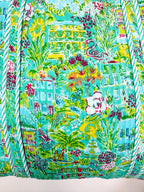 Aqua Tropical Southern Town Print Quilted Cotton Reversible Large Tote Bag