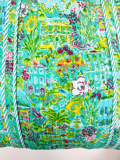 Aqua Tropical Southern Town Print Quilted Cotton Reversible Large Tote Bag