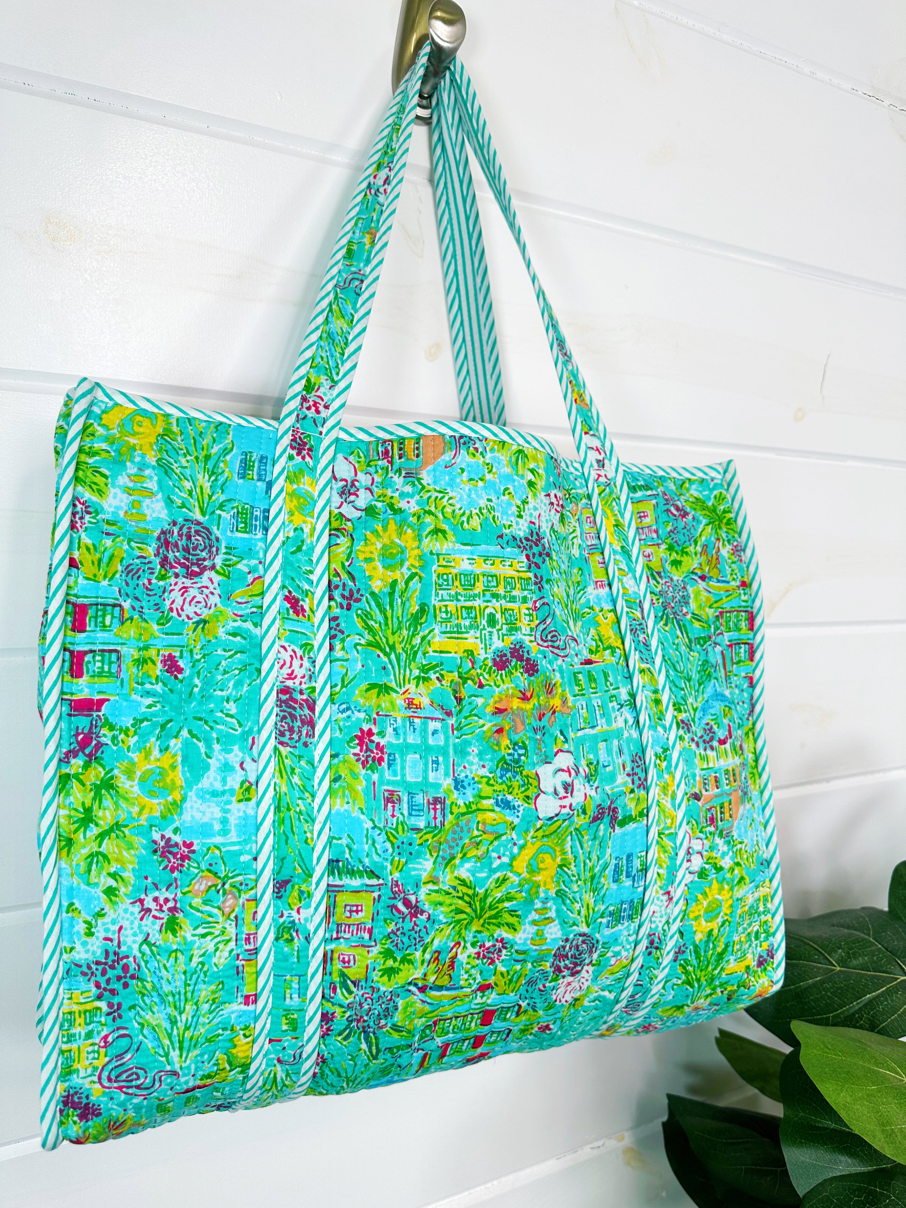 Aqua Tropical Southern Town Print Quilted Cotton Reversible Large Tote Bag