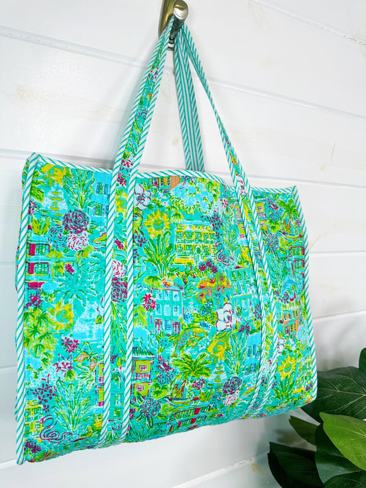 Aqua Tropical Southern Town Print Quilted Cotton Reversible Large Tote Bag