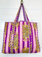 Tiger Print with Grape Purple Stripes Quilted Reversible Large Tote Bag