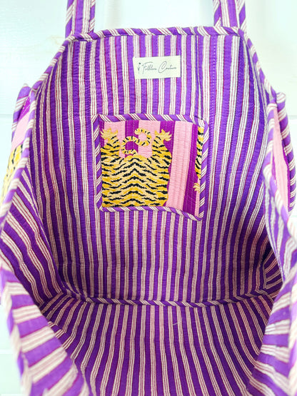 Tiger Print with Grape Purple Stripes Quilted Reversible Large Tote Bag