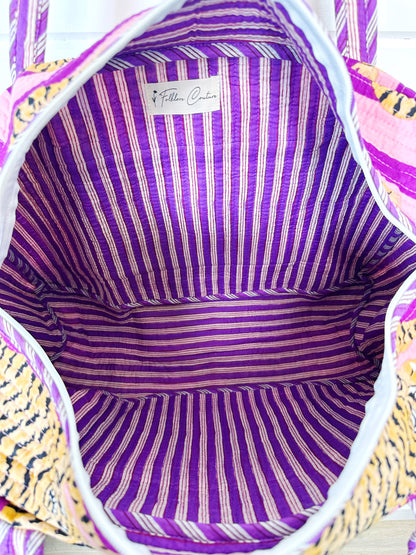 Tiger Print with Grape Purple Stripes Quilted Weekender Overnight Bag