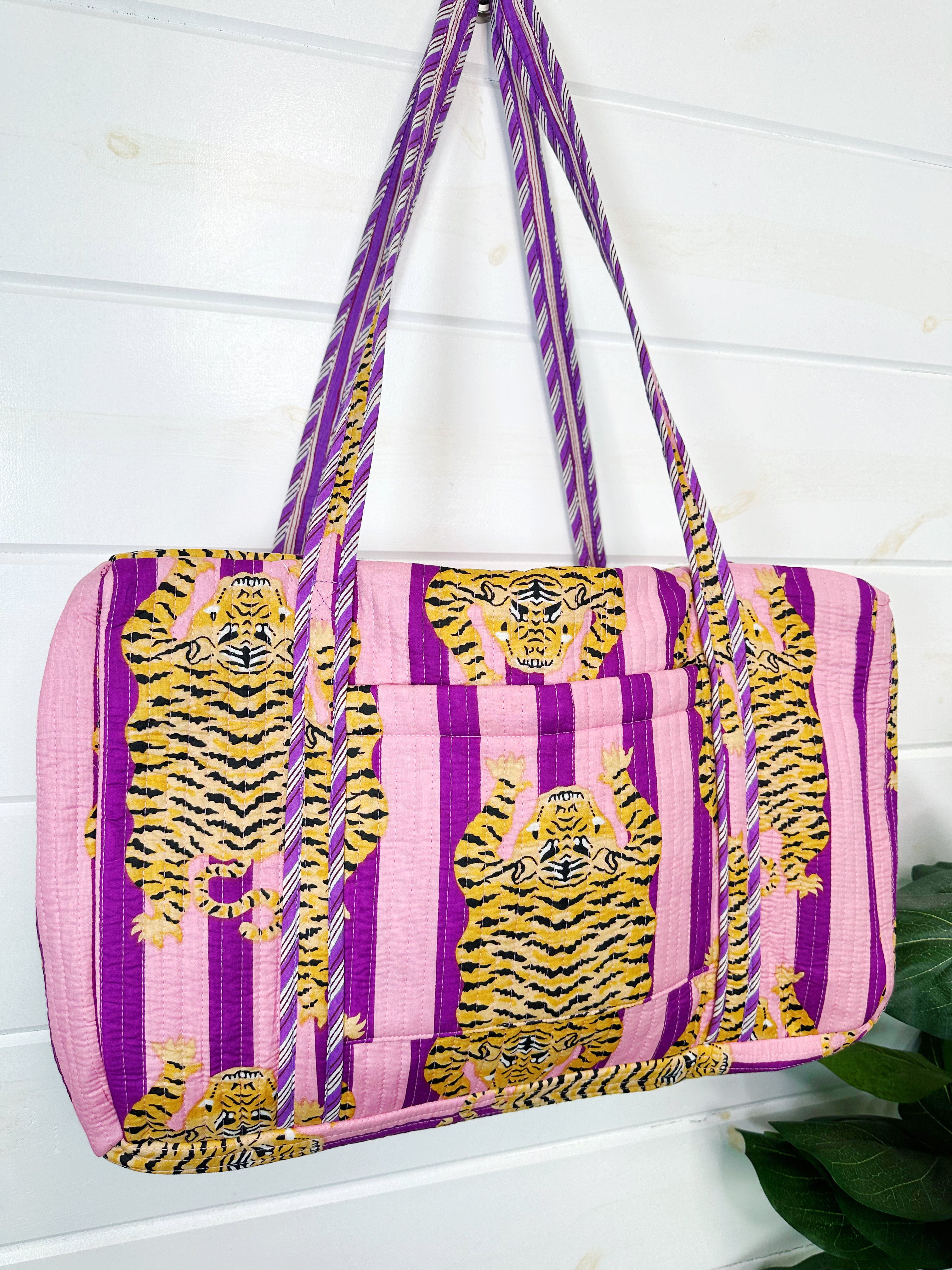 Tiger Print with Grape Purple Stripes Quilted Weekender Overnight Bag