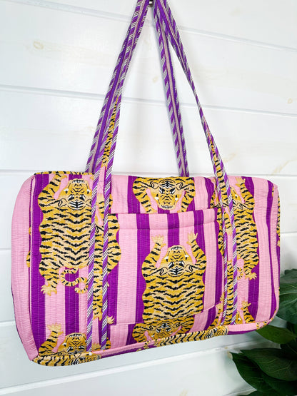 Tiger Print with Grape Purple Stripes Quilted Weekender Overnight Bag