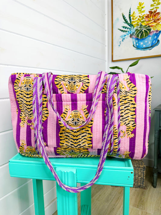 Tiger Print with Grape Purple Stripes Quilted Weekender Overnight Bag