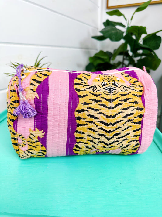 Tiger Print with Grape Purple Stripes Quilted Makeup Cosmetics Toiletry Bag