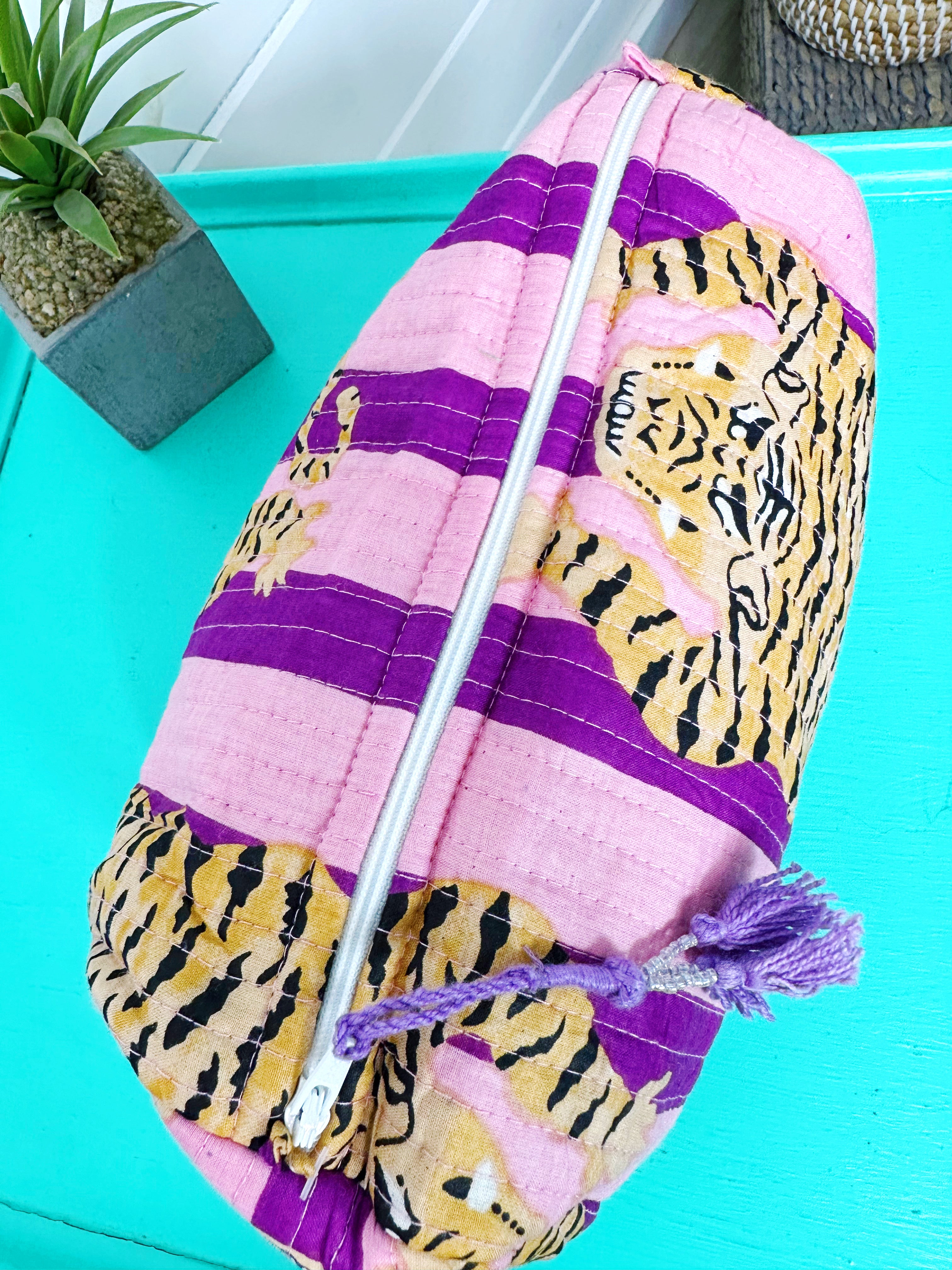 Tiger Print with Grape Purple Stripes Quilted Makeup Cosmetics Toiletry Bag