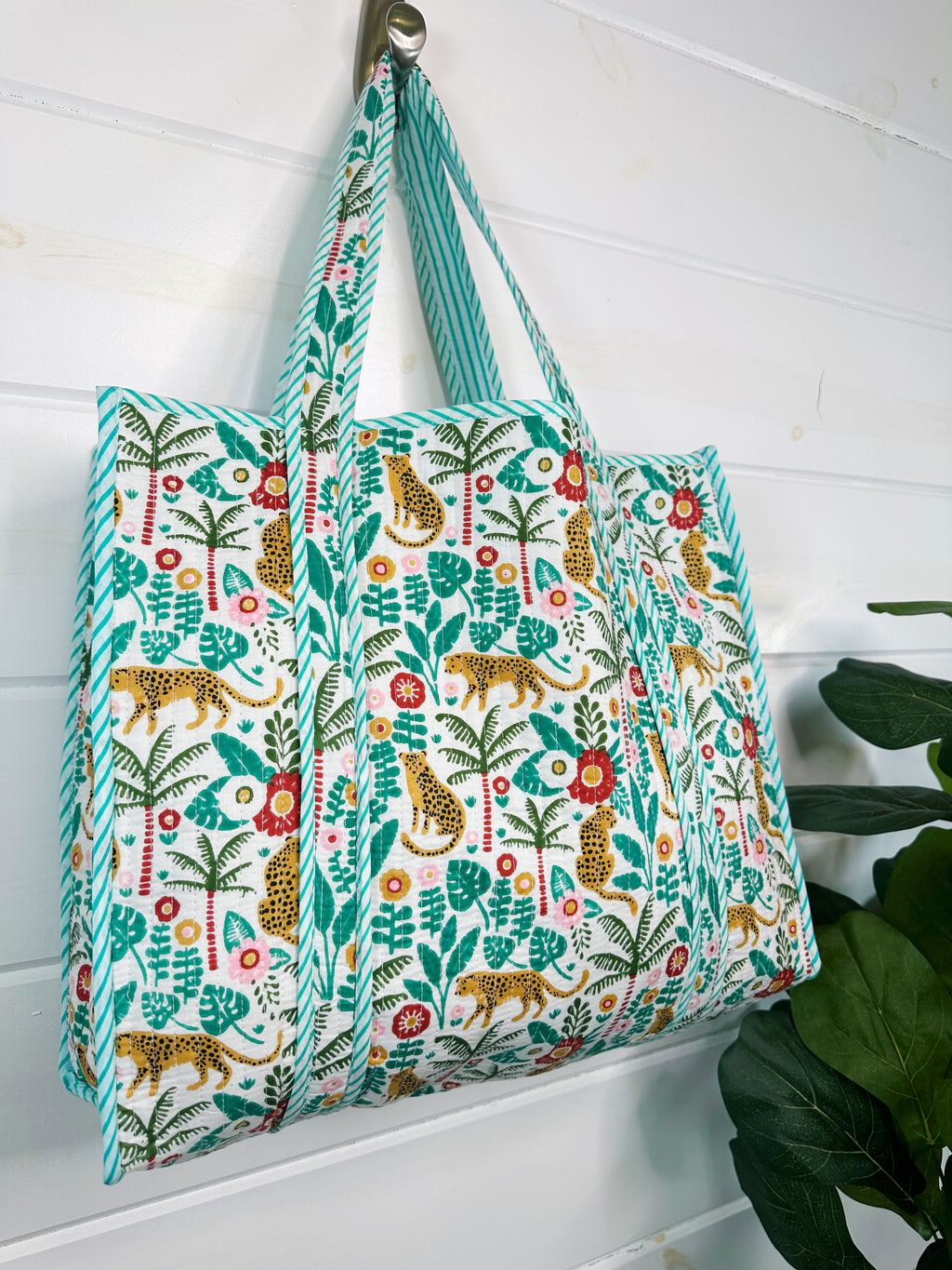 Aqua Jaguar Palm Print Quilted Cotton Reversible Large Tote Bag