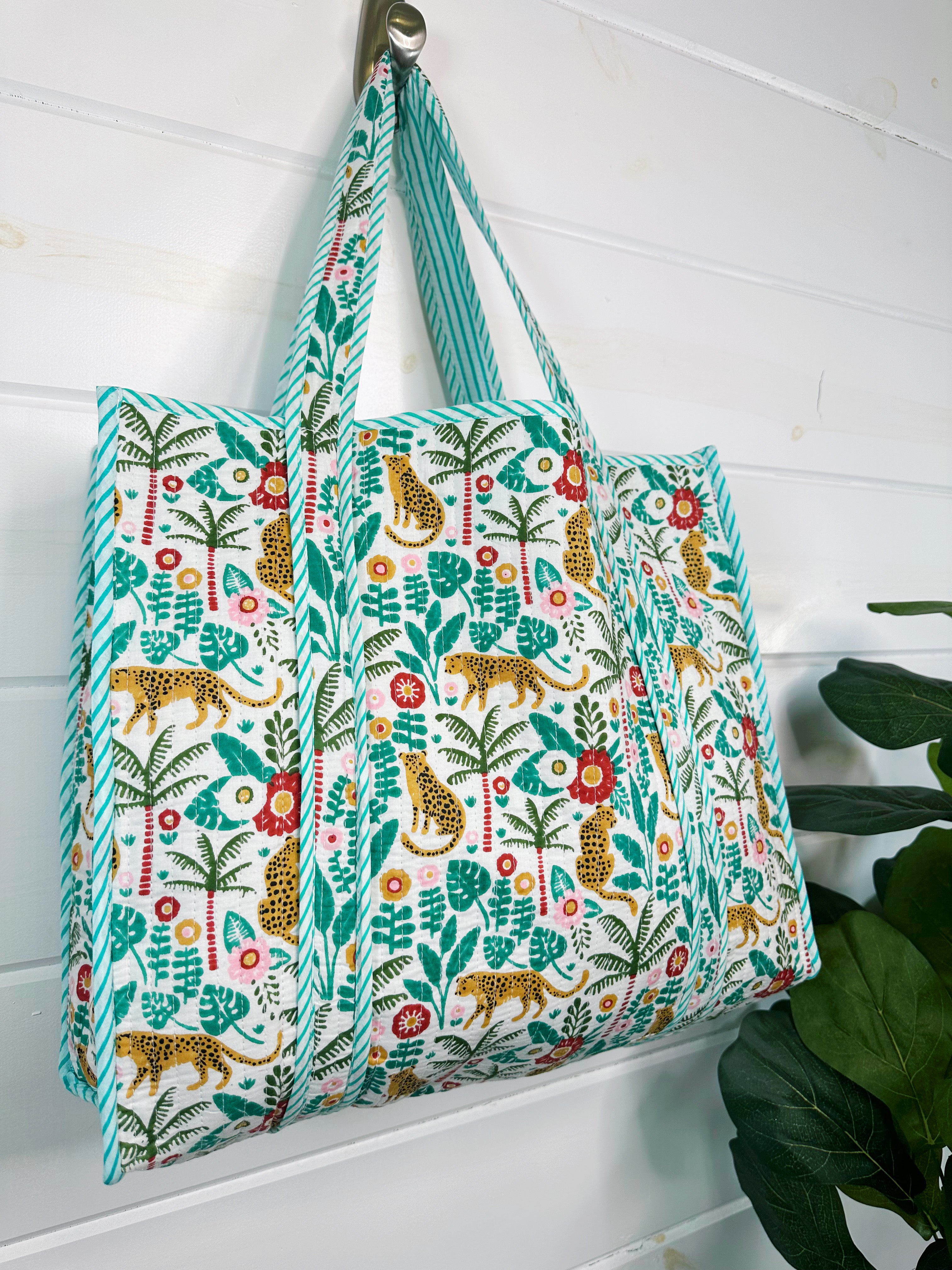 Aqua Jaguar Palm Print Quilted Cotton Reversible Large Tote Bag