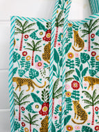 Aqua Jaguar Palm Print Quilted Cotton Reversible Large Tote Bag