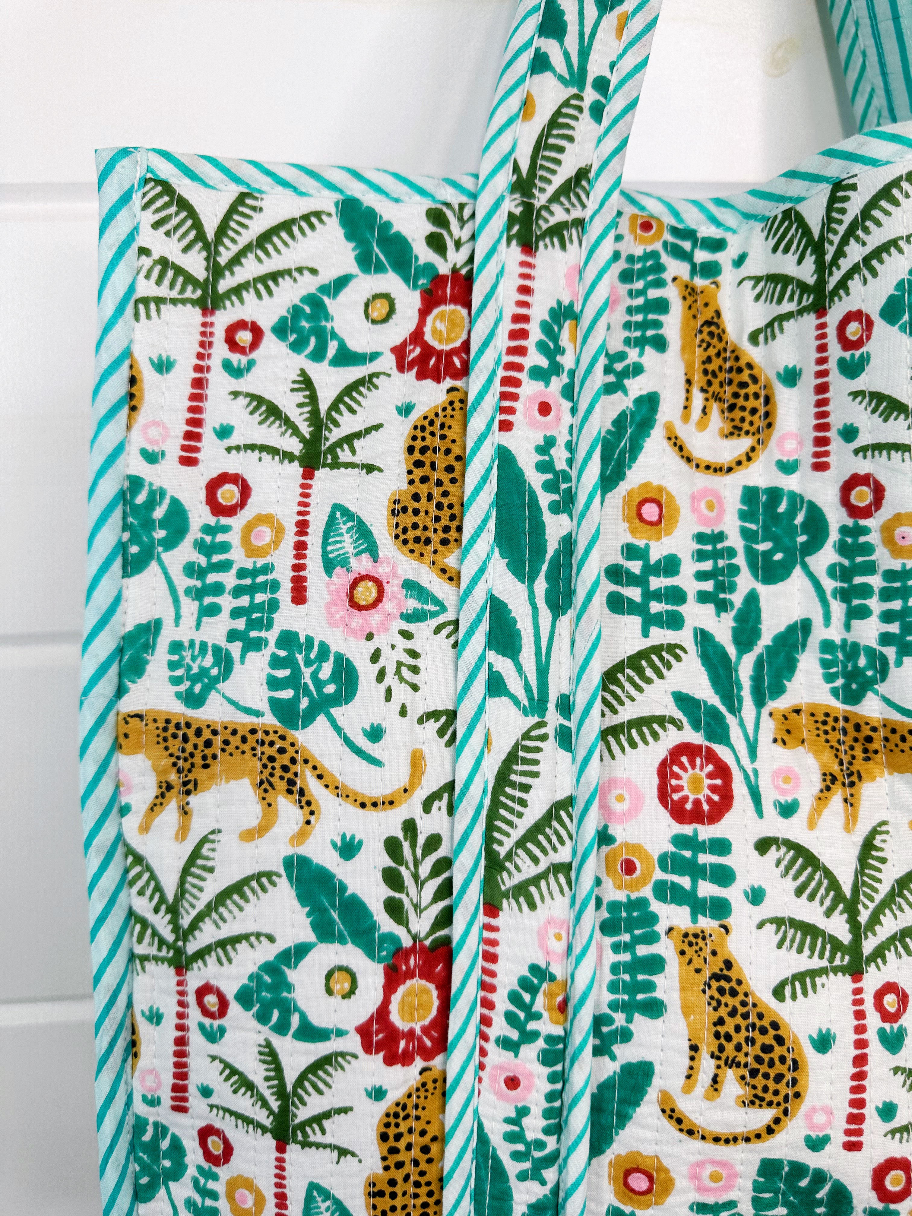 Aqua Jaguar Palm Print Quilted Cotton Reversible Large Tote Bag