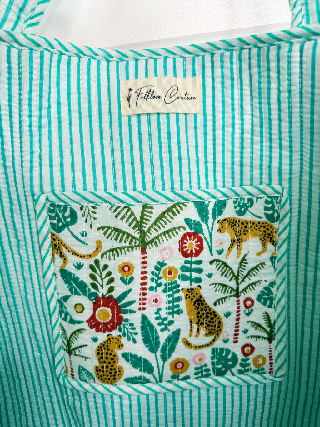 Aqua Jaguar Palm Print Quilted Cotton Reversible Large Tote Bag