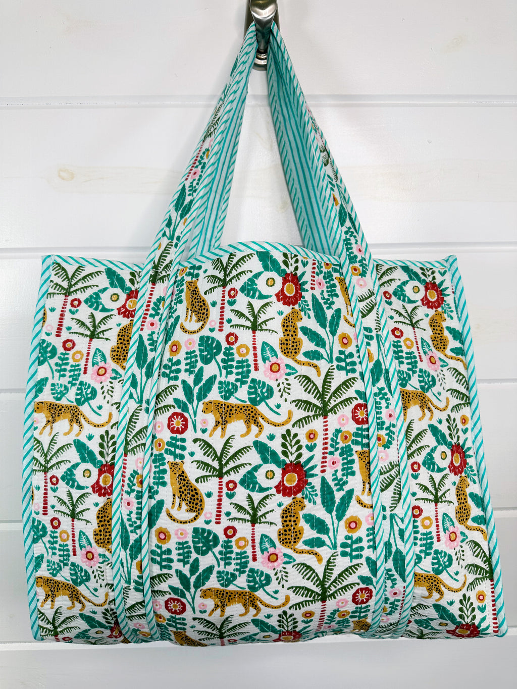 Aqua Jaguar Palm Print Quilted Cotton Reversible Large Tote Bag