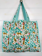 Aqua Jaguar Palm Print Quilted Cotton Reversible Large Tote Bag