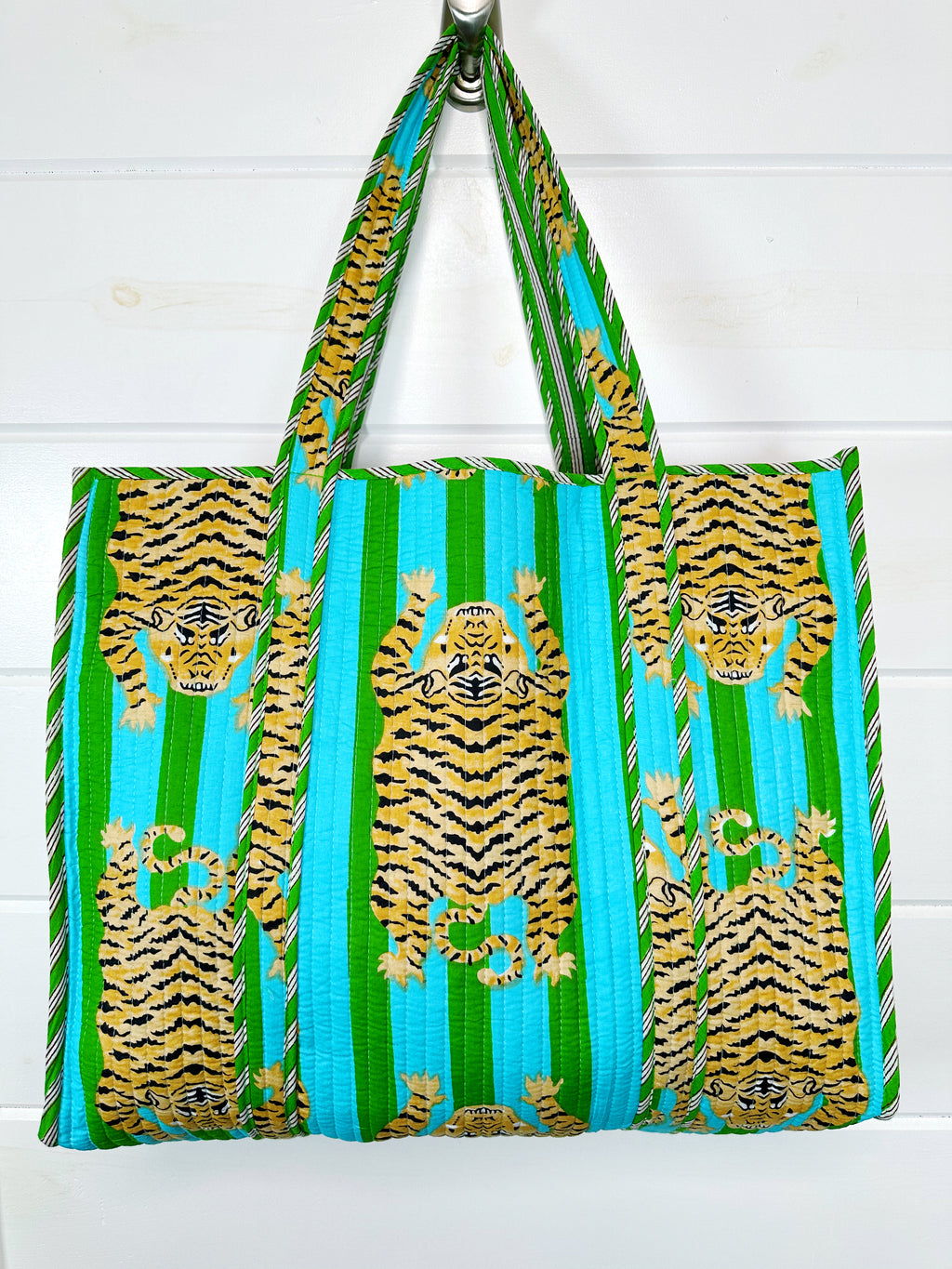 Tiger Print Blue And Green Striped Quilted Reversible Large Tote Bag