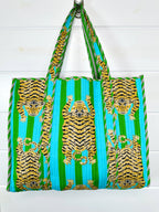 Tiger Print Blue And Green Striped Quilted Reversible Large Tote Bag