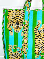 Tiger Print Blue And Green Striped Quilted Reversible Large Tote Bag