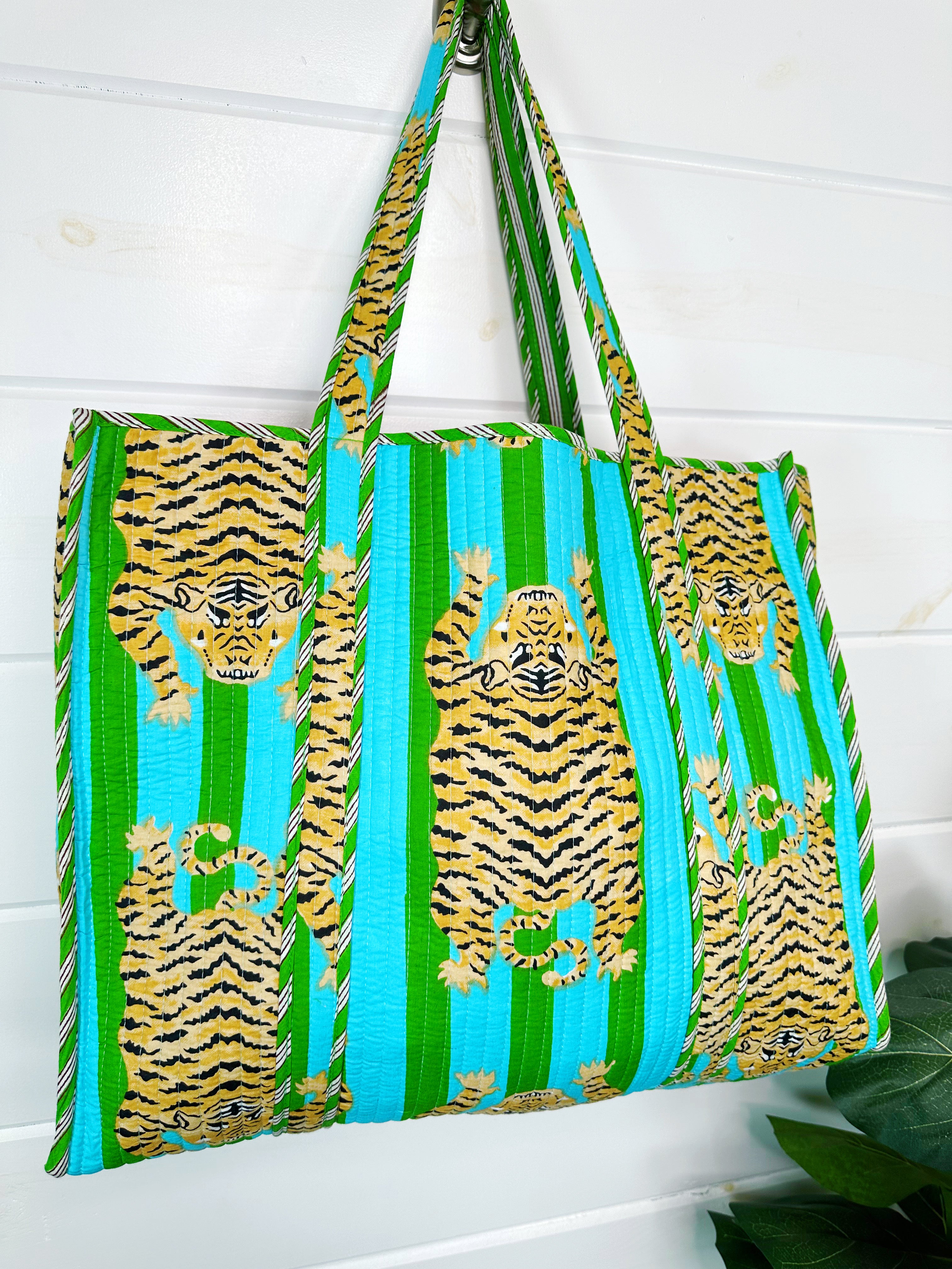 Tiger Print Blue And Green Striped Quilted Reversible Large Tote Bag
