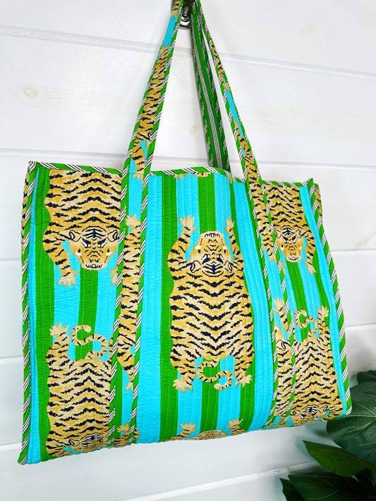 Tiger Print Blue And Green Striped Quilted Reversible Large Tote Bag