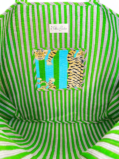 Tiger Print Blue And Green Striped Quilted Reversible Large Tote Bag