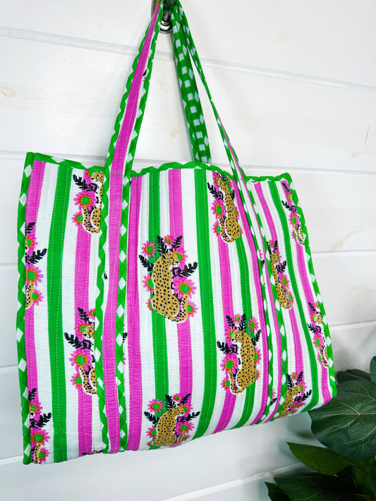 Pink and Green Jaguar Print Quilted Cotton Tote Bag
