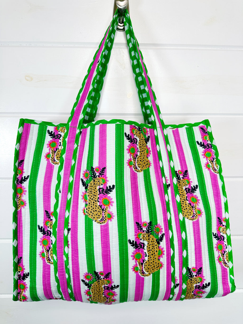 Pink and Green Jaguar Print Quilted Cotton Tote Bag