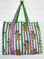 Pink and Green Jaguar Print Quilted Cotton Tote Bag
