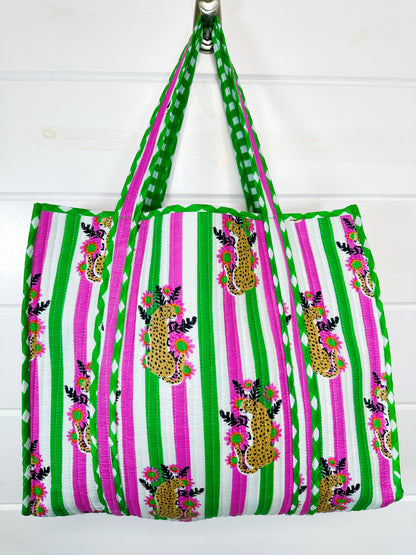 Pink and Green Jaguar Print Quilted Cotton Tote Bag
