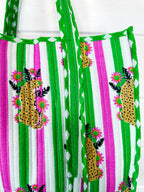 Pink and Green Jaguar Print Quilted Cotton Tote Bag