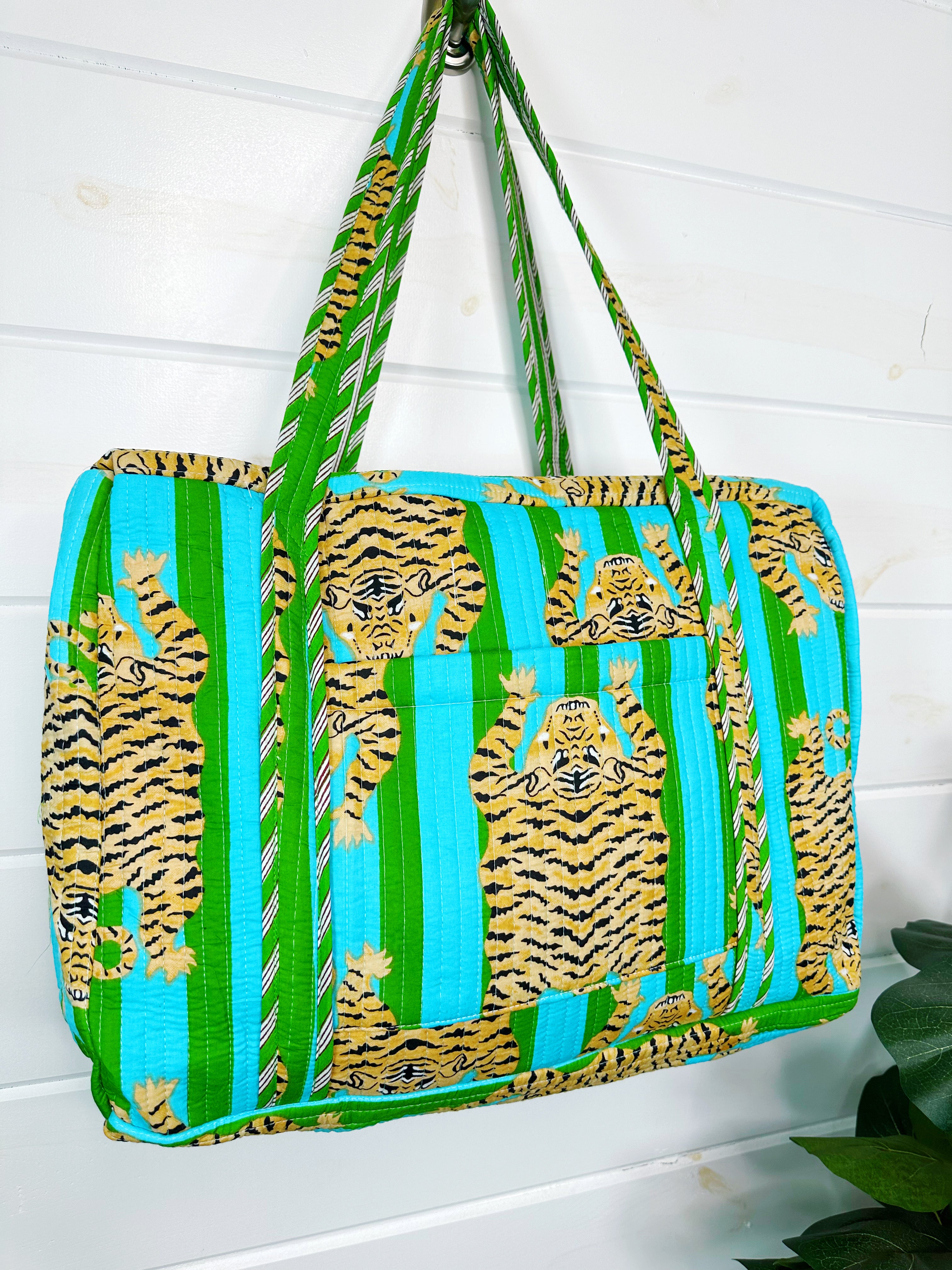 Tiger Print Blue and Green Striped Quilted Weekender Overnight Bag