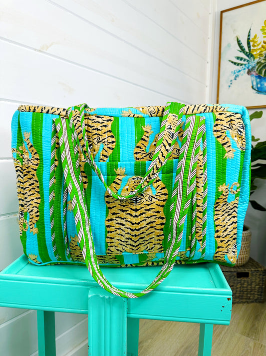 Tiger Print Blue and Green Striped Quilted Weekender Overnight Bag