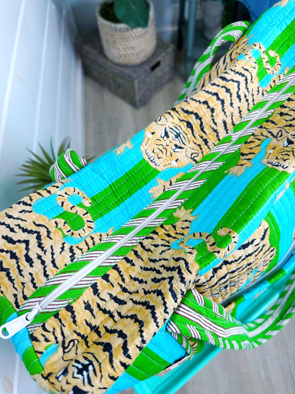 Tiger Print Blue and Green Striped Quilted Weekender Overnight Bag