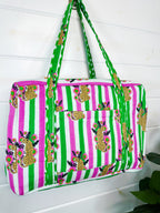Pink and Green Jaguar Print Quilted Weekender Overnight Bag