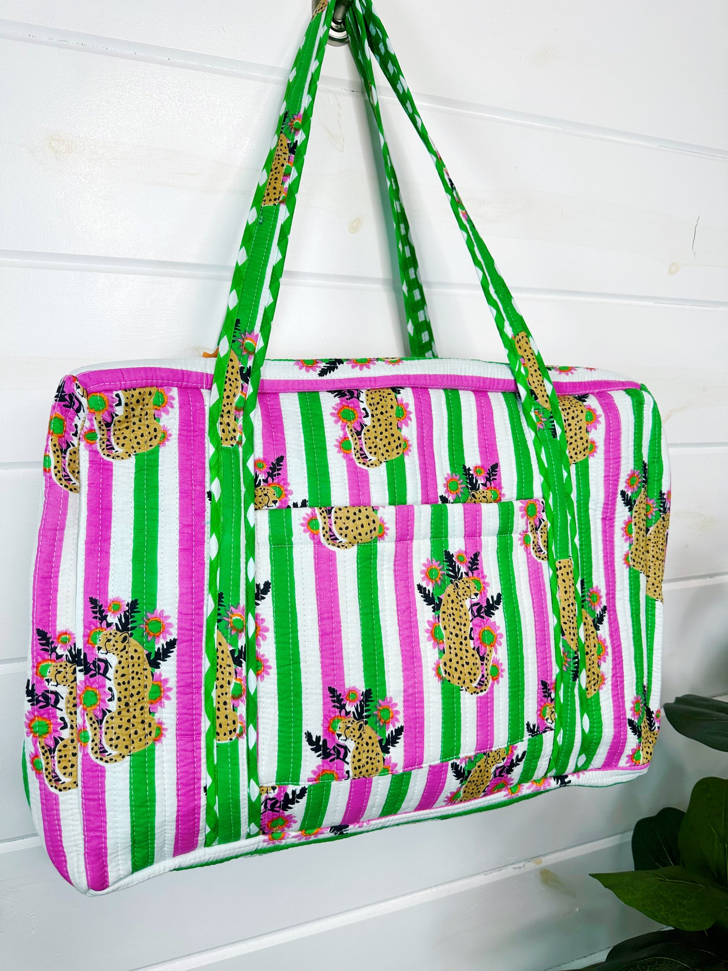 Pink and Green Jaguar Print Quilted Weekender Overnight Bag