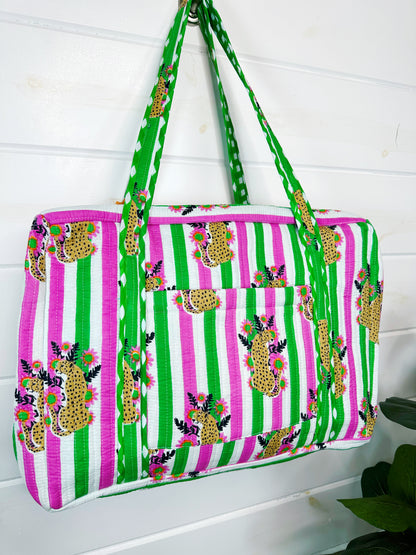 Pink and Green Jaguar Print Quilted Weekender Overnight Bag
