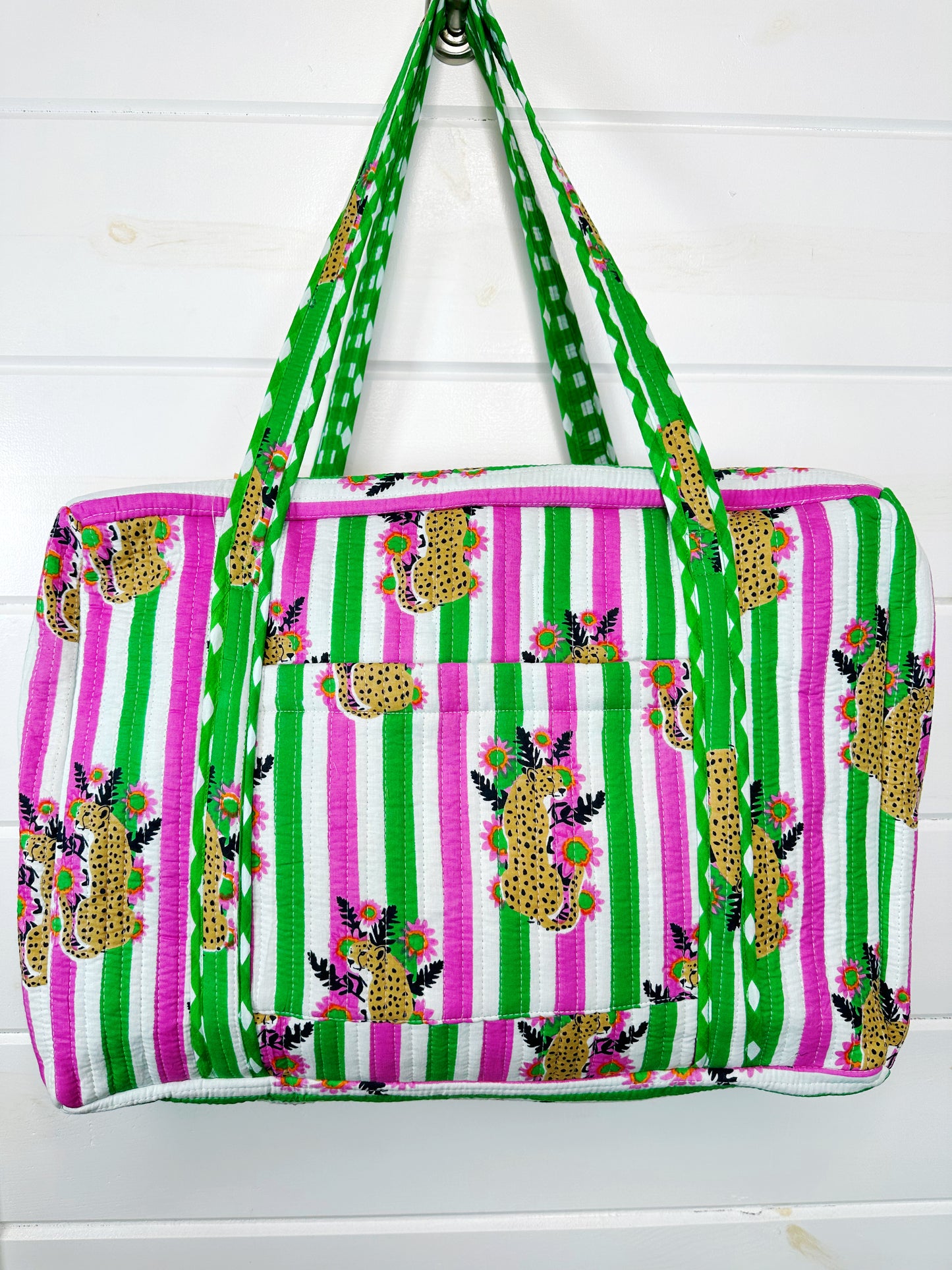 Pink and Green Jaguar Print Quilted Weekender Overnight Bag