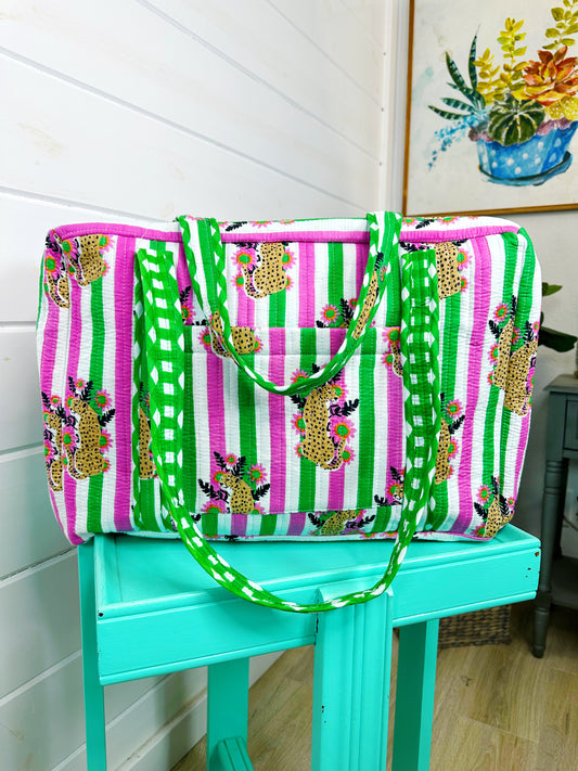 Pink and Green Jaguar Print Quilted Weekender Overnight Bag