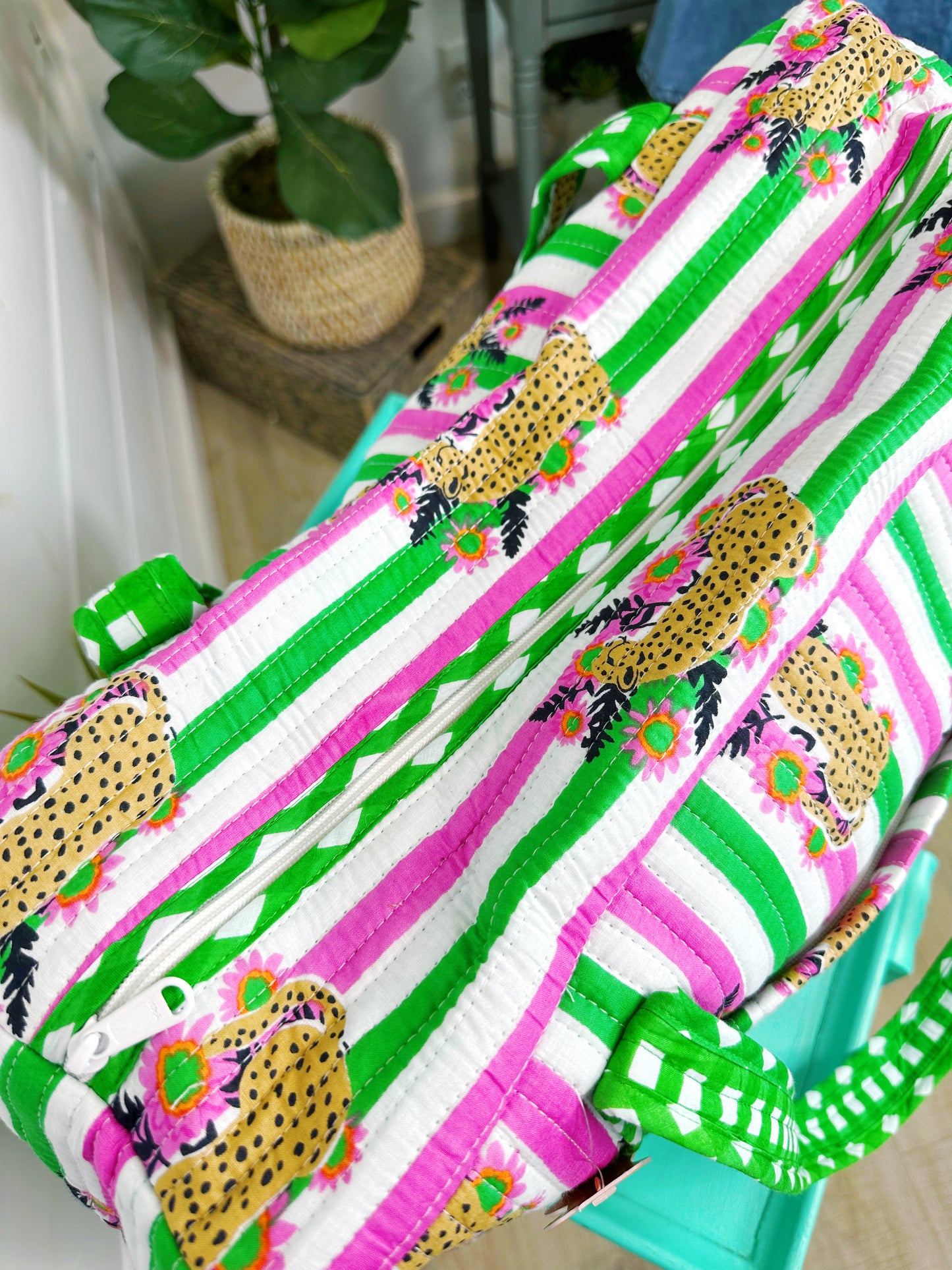 Pink and Green Jaguar Print Quilted Weekender Overnight Bag