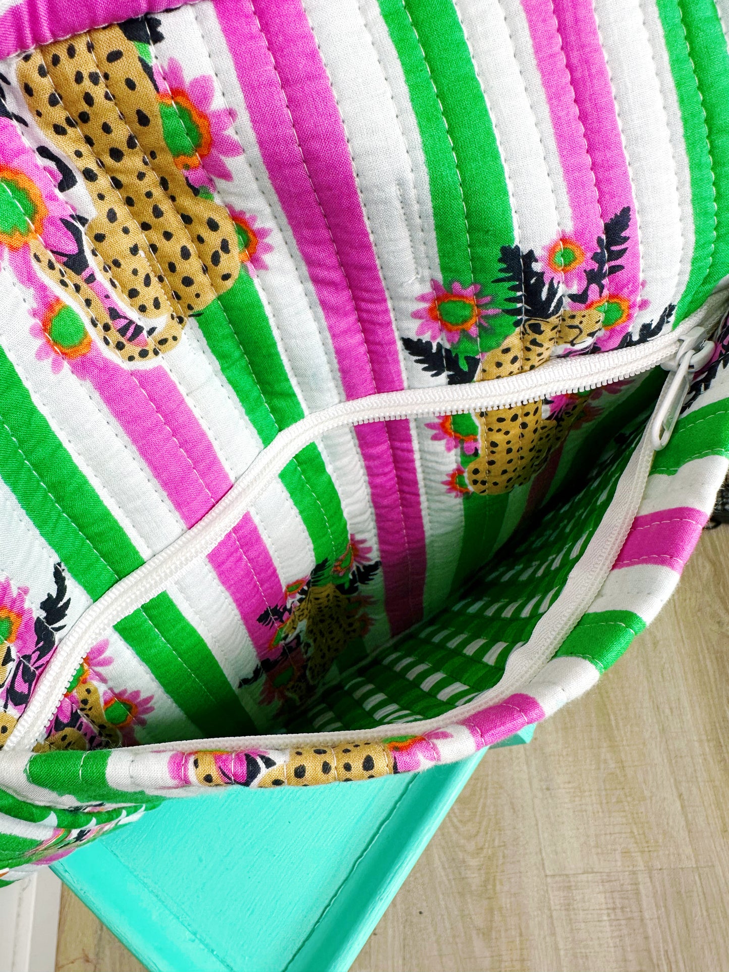 Pink and Green Jaguar Print Quilted Weekender Overnight Bag